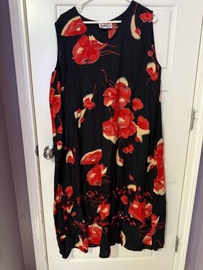 Black Midi Dress with Red Floral Print